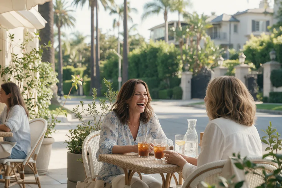 Two women laughing together at an outdoor cafe on a sunny Beverly Hills street