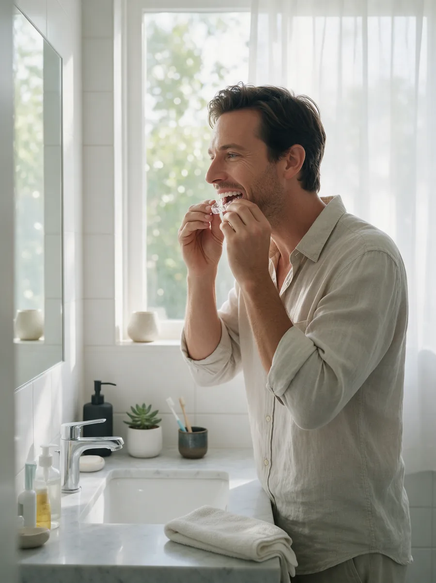 A man placing a clear aligner onto his teeth in front of a bathroom mirror